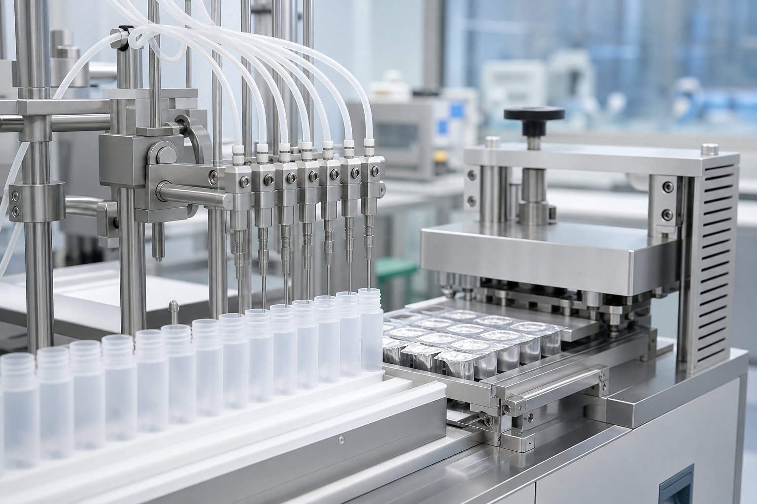 Generated realistic filling and aluminum foil sealing production scene